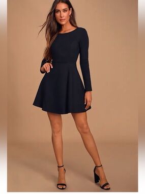 Lulu’s Forever Chic Ponte Knit Long-Sleeve Black Fit & Flare Dress